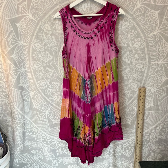 ONE SIZE FITS ALL BOHO DRESSS S M L XL HOT PINK TIE DYE EMBROIDERY BEACH SWIM - Picture 3 of 12